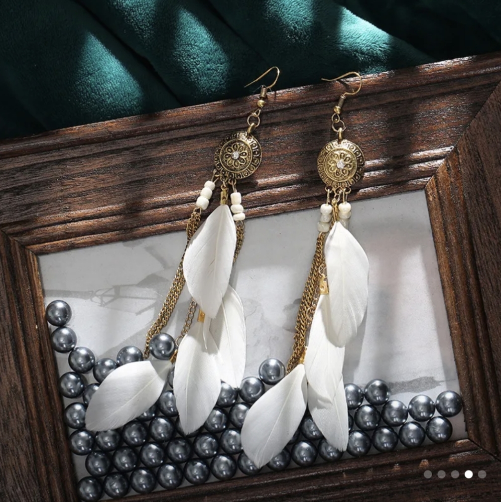 Tribal / Boho Style  White Feather Dangel Earings with Gold Tone Hardware